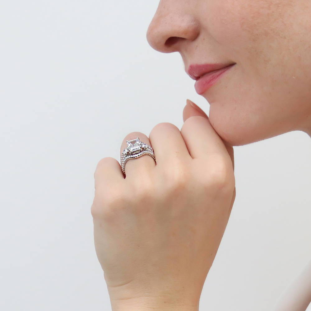 3-Stone Woven Wishbone Chevron CZ Ring Set in Sterling Silver