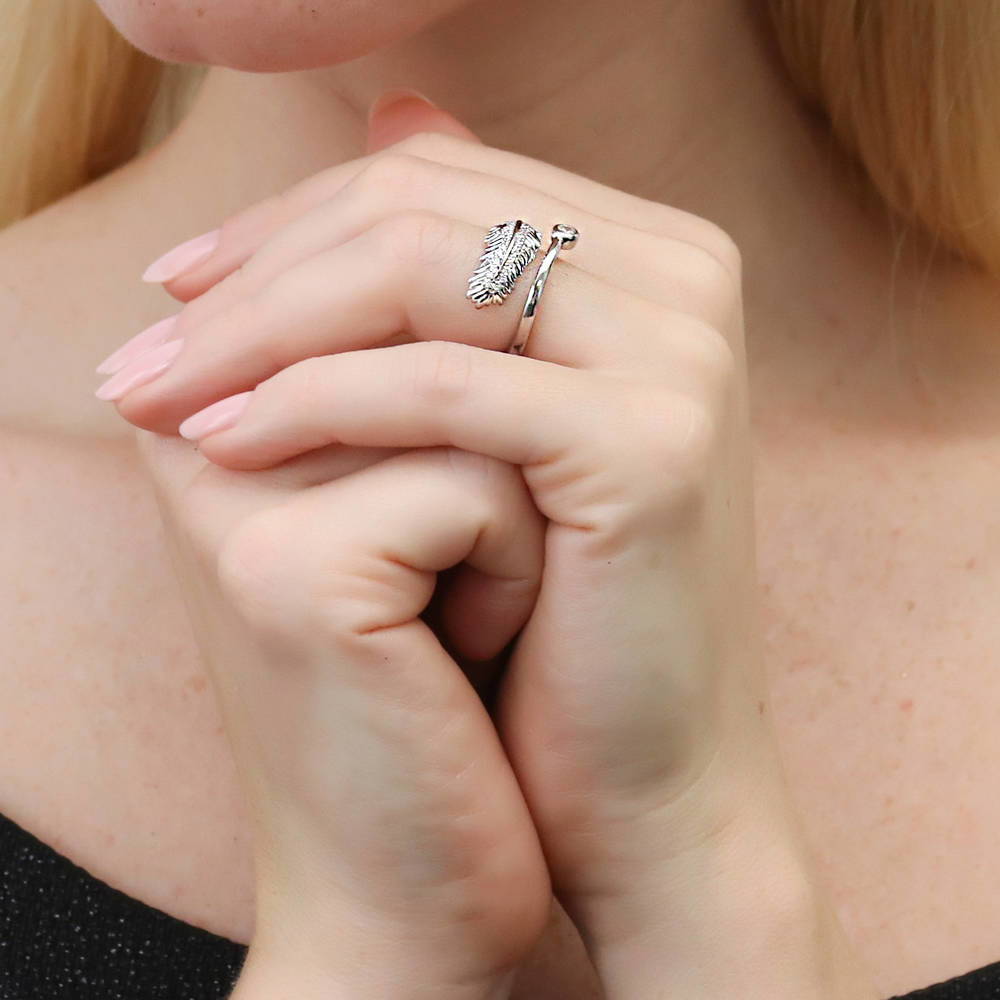Model wearing Feather Bypass CZ Ring in Sterling Silver, 7 of 9
