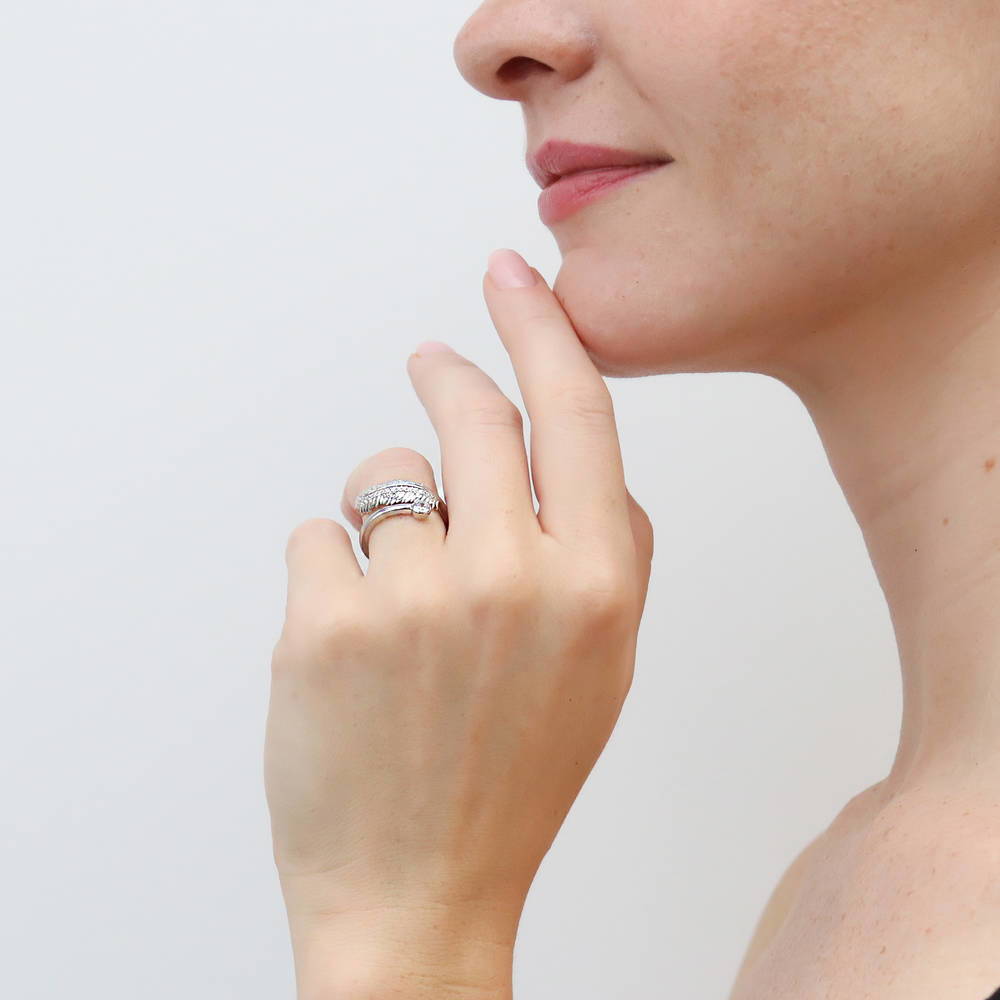 Model wearing Feather Bypass CZ Ring in Sterling Silver, 6 of 9