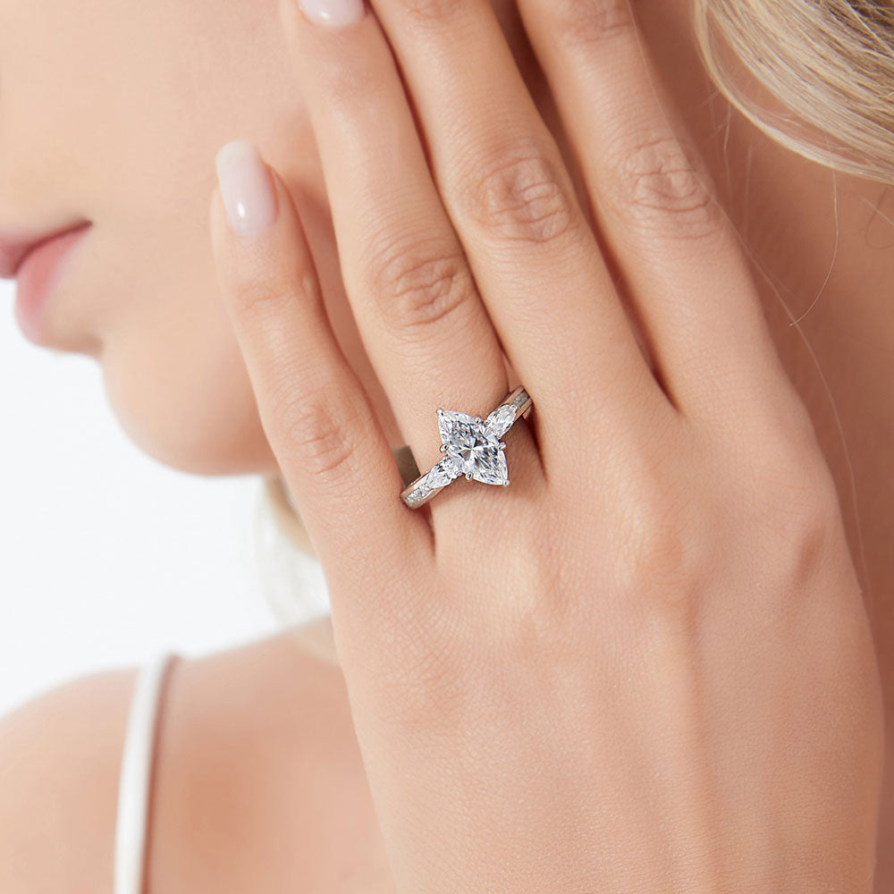Model wearing 3-Stone Marquise CZ Ring in Sterling Silver, 2 of 8