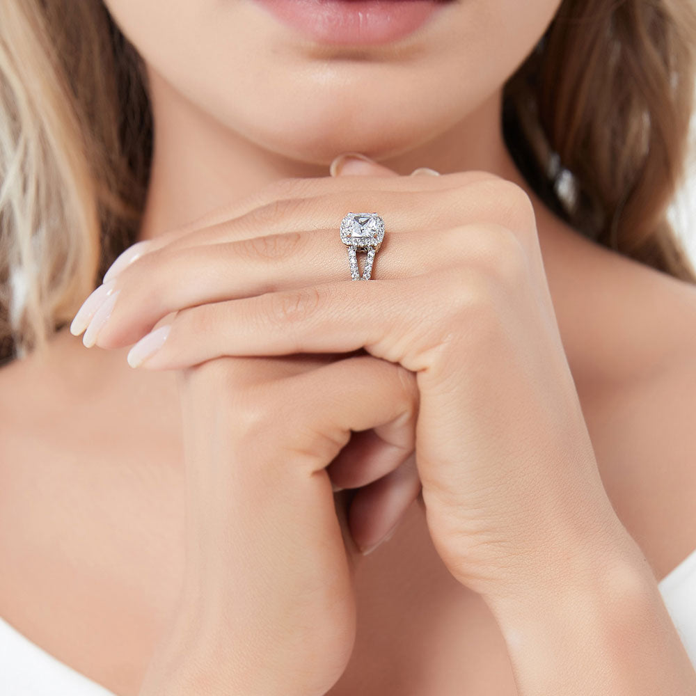 Halo Cushion CZ Split Shank Ring in Sterling Silver
