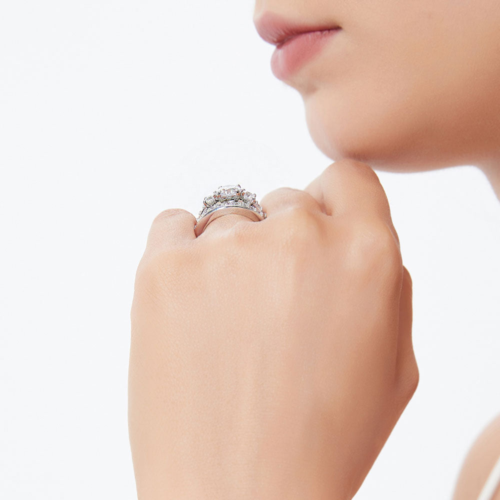 Model wearing 3-Stone Round CZ Ring Set in Sterling Silver, 7 of 13