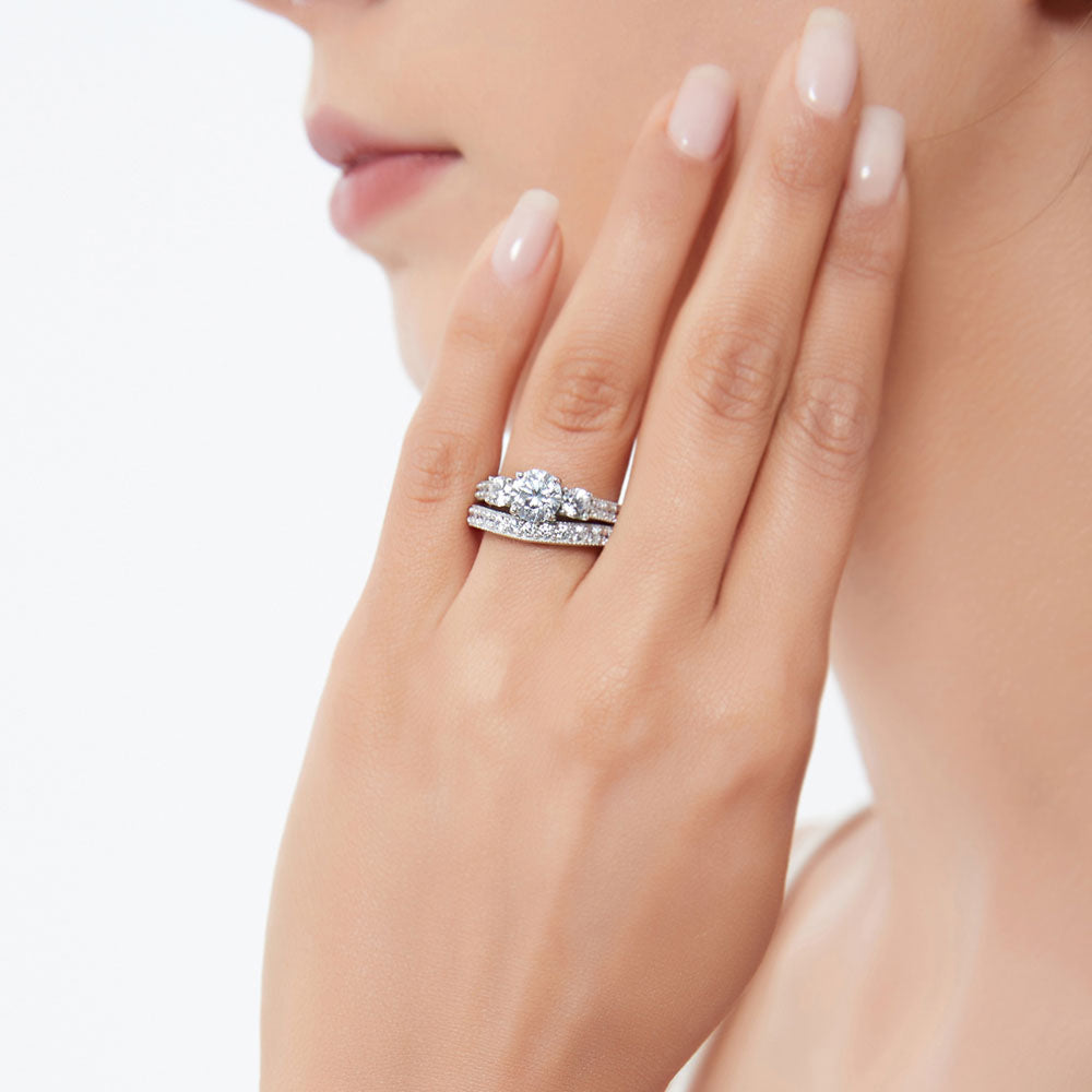 Model wearing 3-Stone Round CZ Ring Set in Sterling Silver, 3 of 13