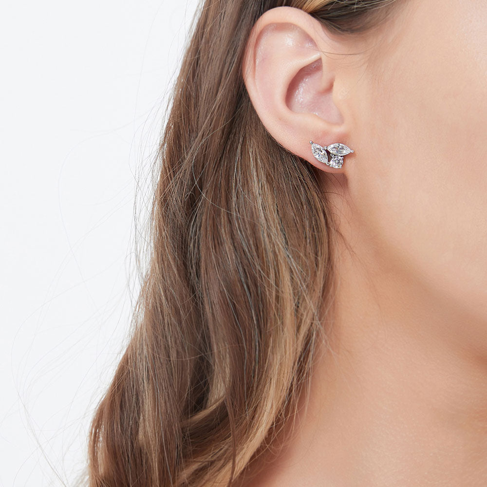Model wearing 3-Stone Cluster Marquise CZ Stud Earrings in Sterling Silver, 2 of 3