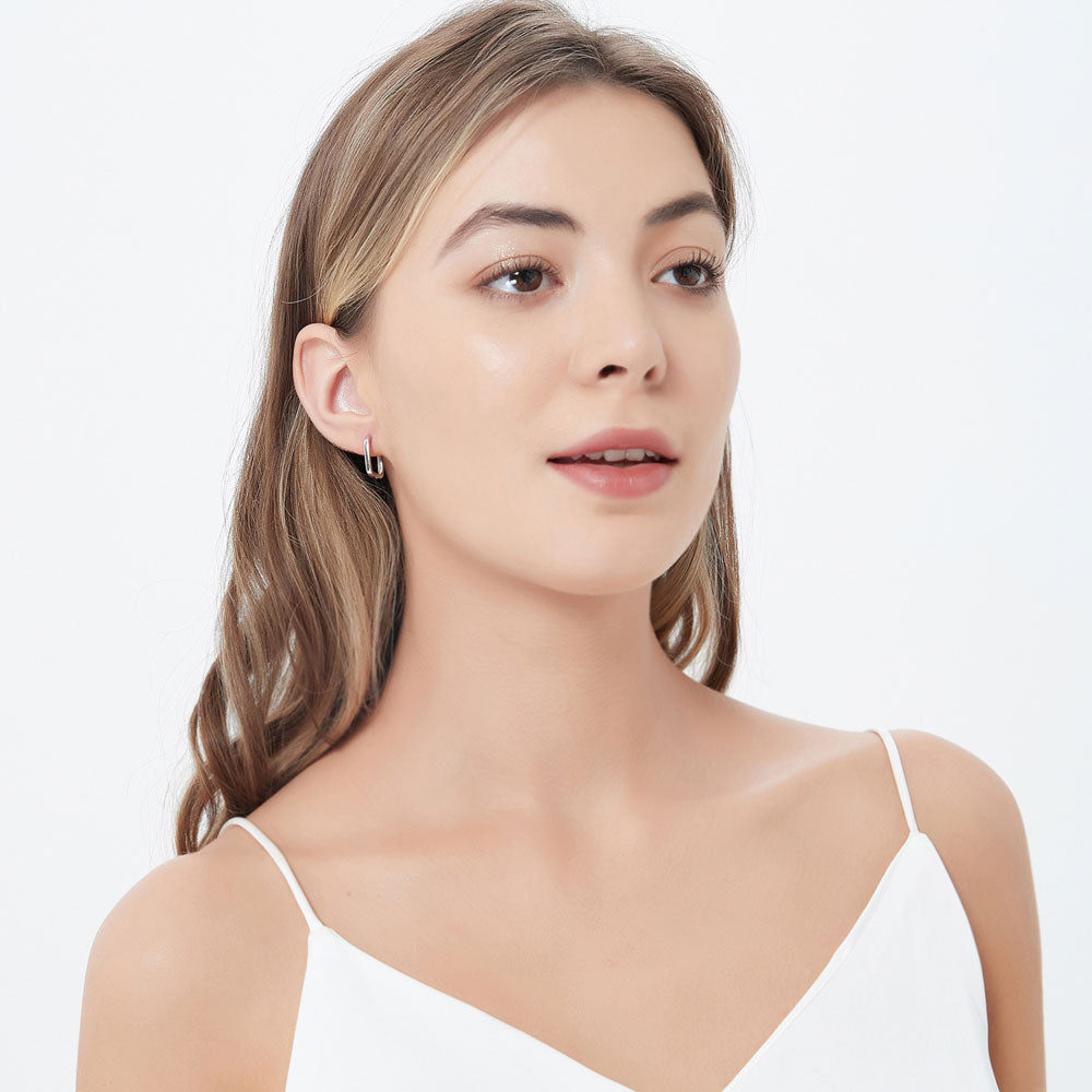 Rectangle Small Hoop Earrings in Sterling Silver 0.6"