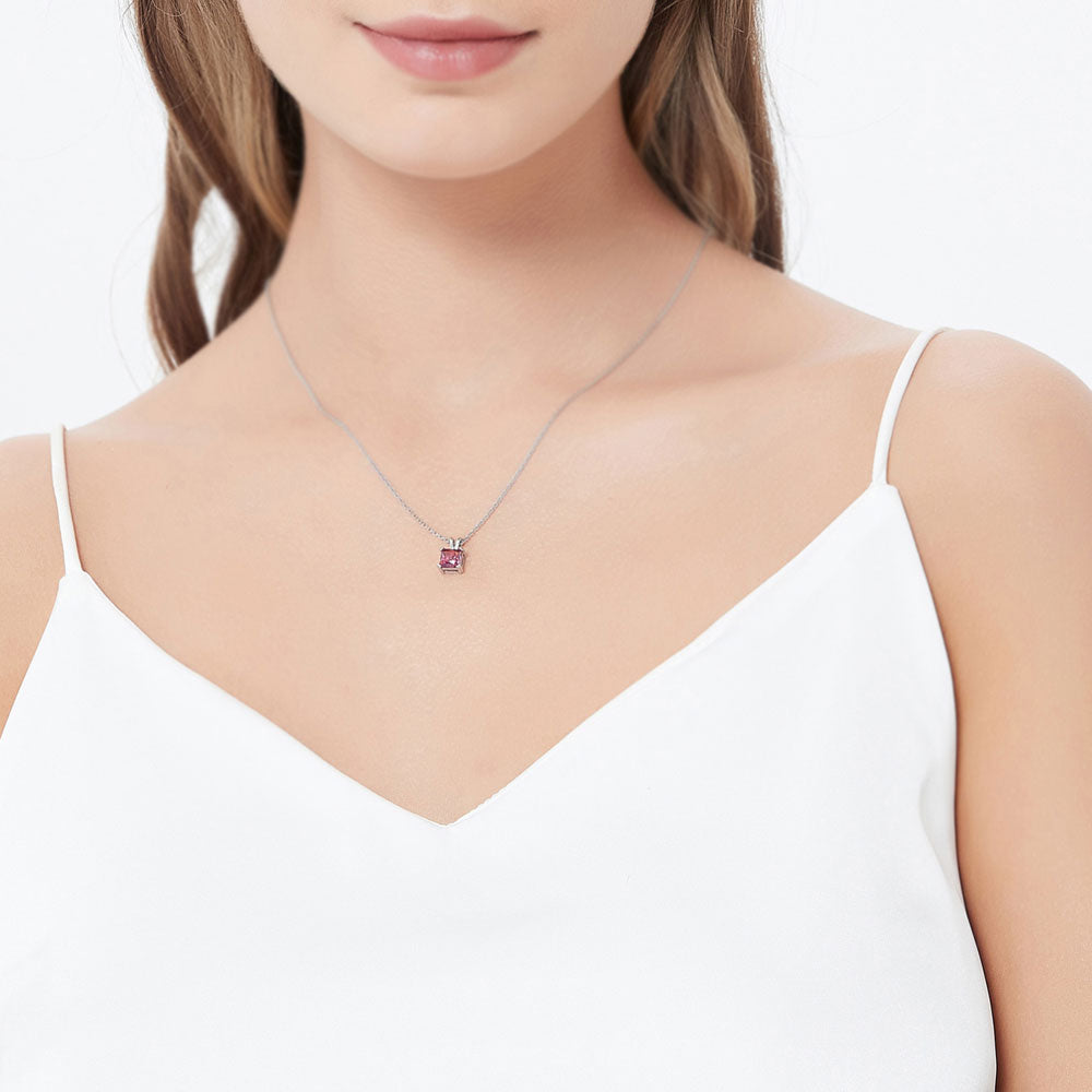 Model wearing Solitaire Red Princess CZ Pendant Necklace in Sterling Silver 1.2ct, 3 of 5