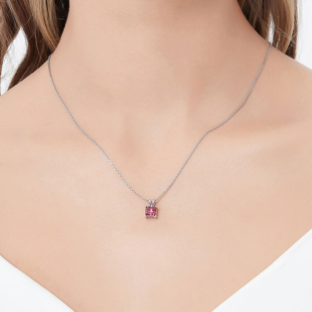 Model wearing Solitaire Red Princess CZ Pendant Necklace in Sterling Silver 1.2ct, 2 of 5