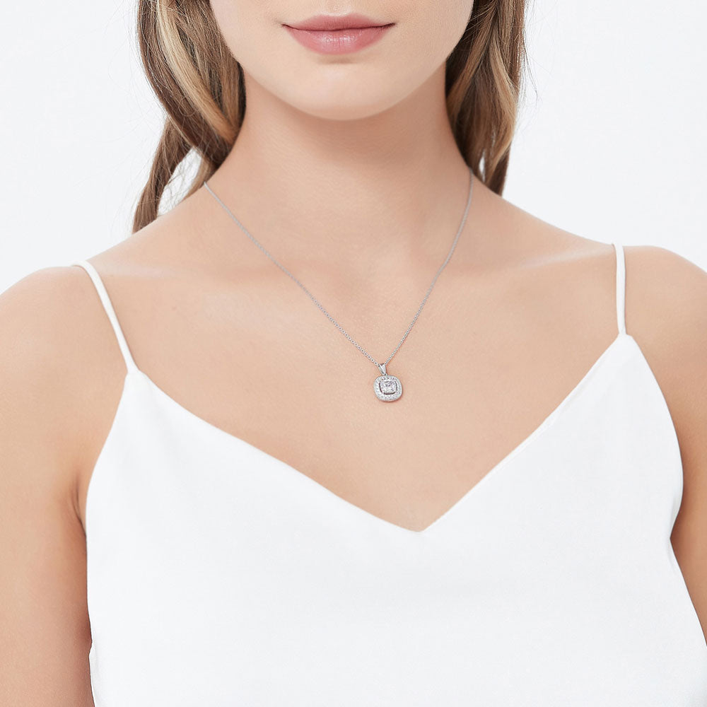 Model wearing Halo Woven Cushion CZ Pendant Necklace in Sterling Silver, 3 of 6