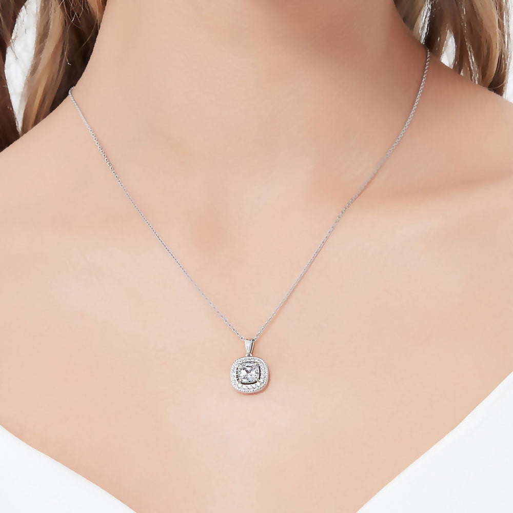 Model wearing Halo Woven Cushion CZ Pendant Necklace in Sterling Silver, 2 of 6