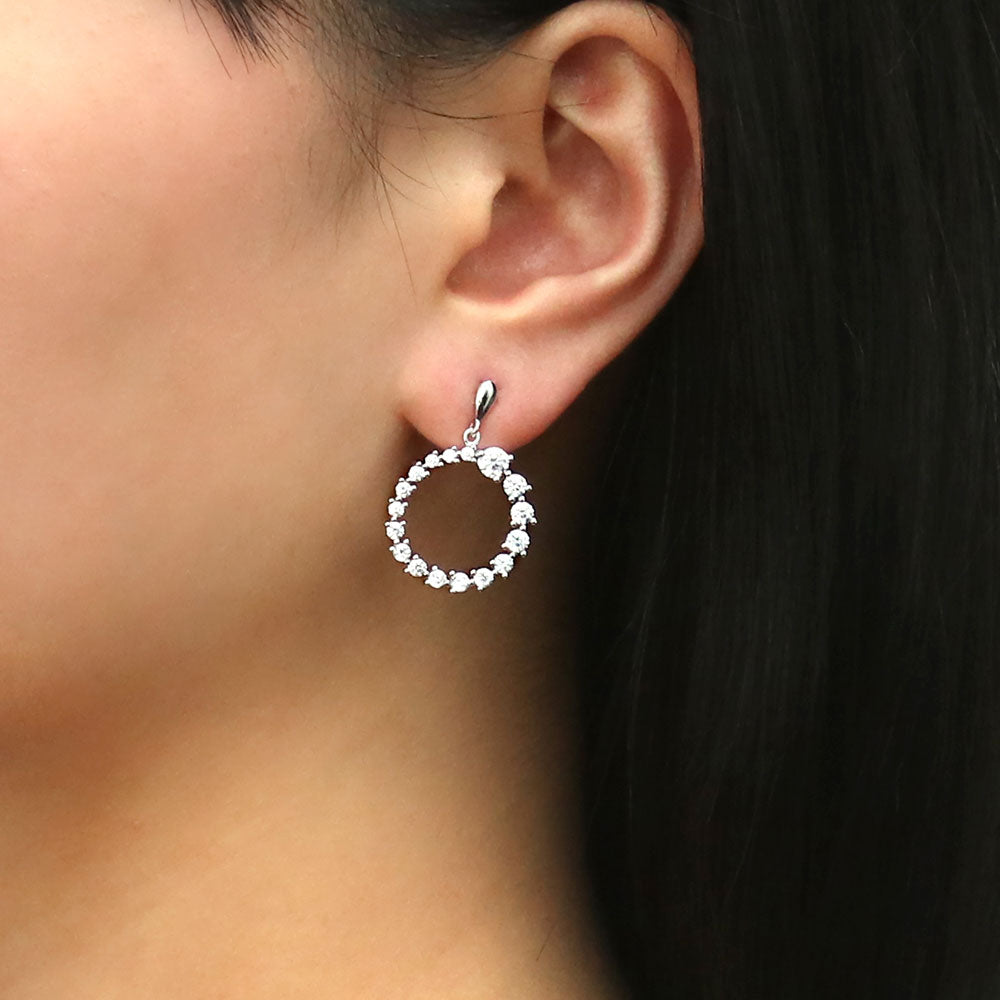 Graduated Open Circle CZ Dangle Earrings in Sterling Silver
