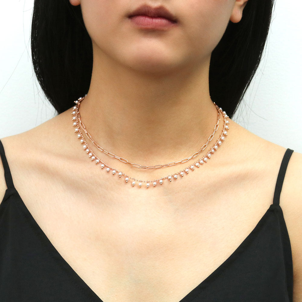 Paperclip Disc Chain Necklace in Rose Gold Flashed Base Metal, 2 Piece