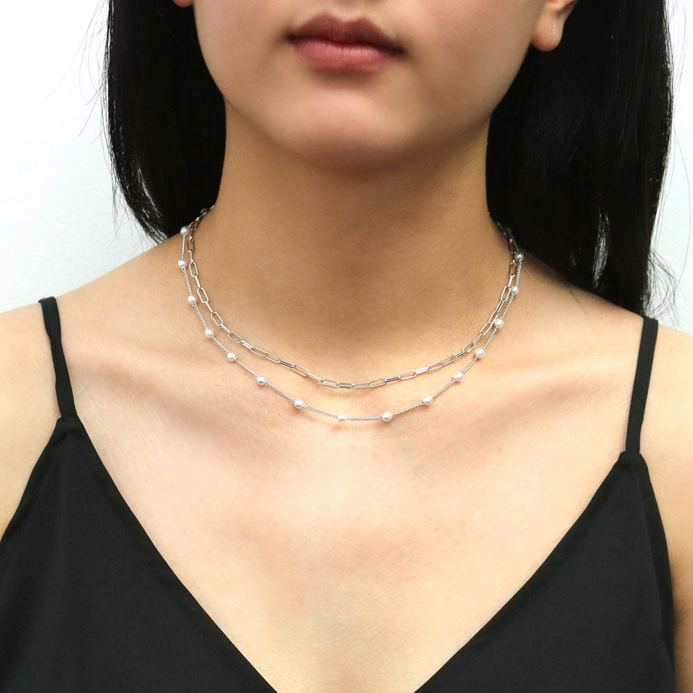 Model wearing Paperclip Disc Chain Necklace in Silver-Tone, 2 Piece, 11 of 14