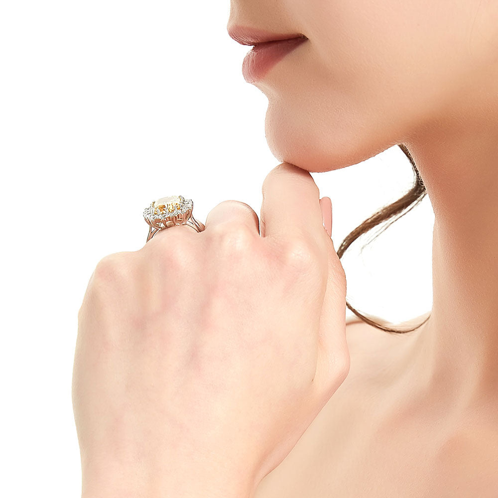 Halo Yellow Cushion CZ Ring in Sterling Silver
