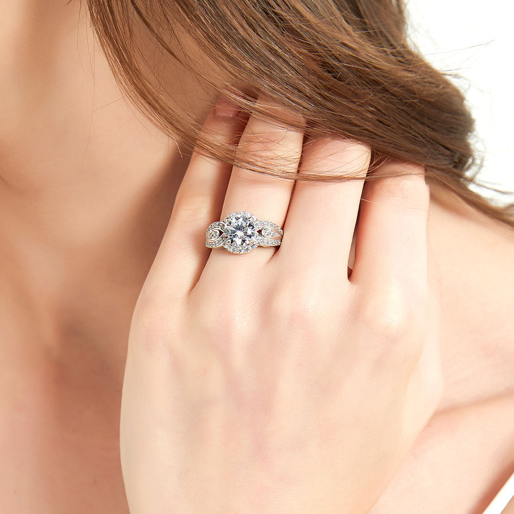 Halo Woven Round CZ Statement Ring in Sterling Silver