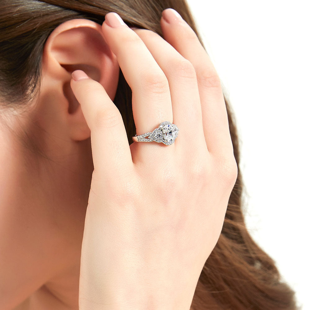 3-Stone Halo Oval CZ Split Shank Ring in Sterling Silver