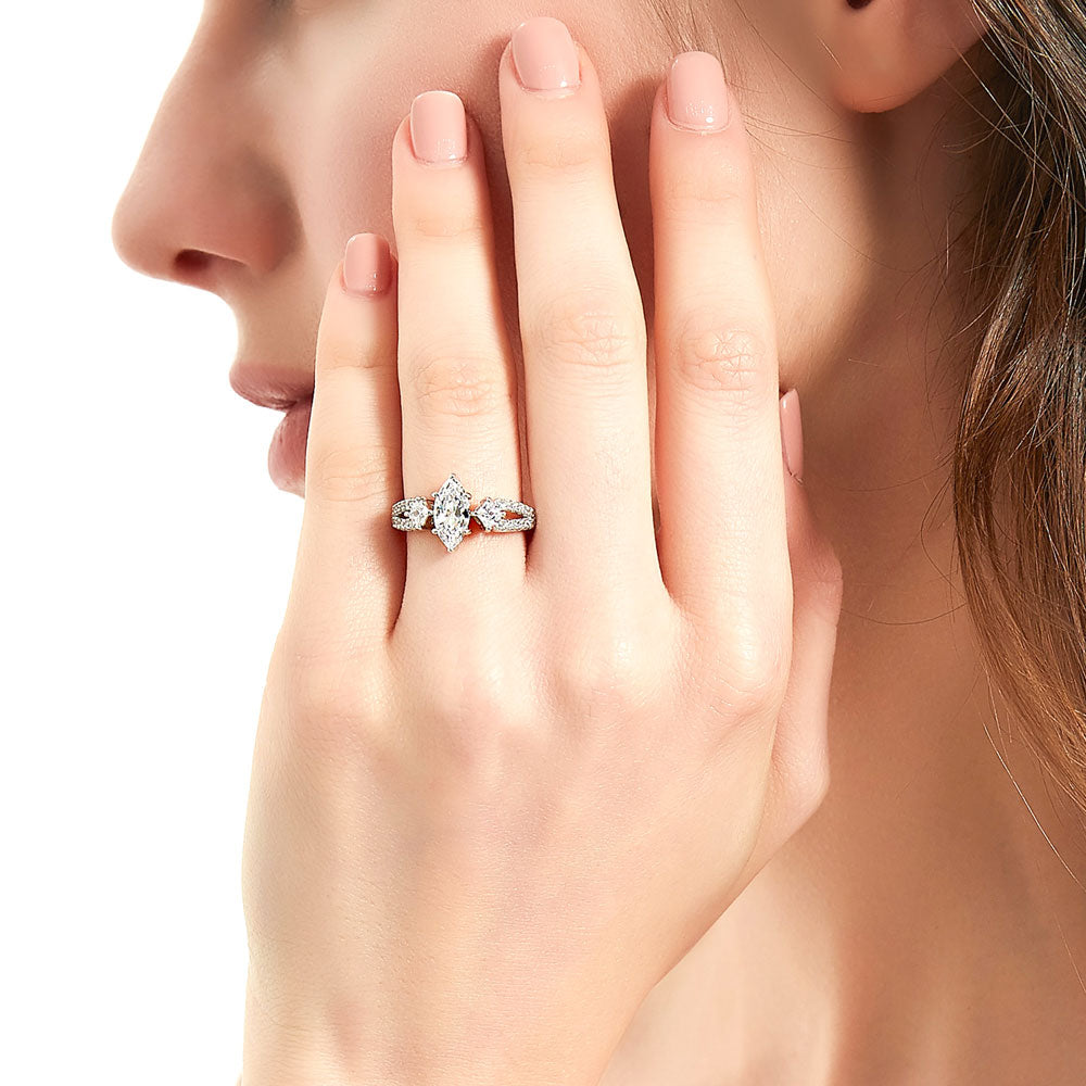 3-Stone 1ct Marquise CZ Split Shank Ring in Sterling Silver
