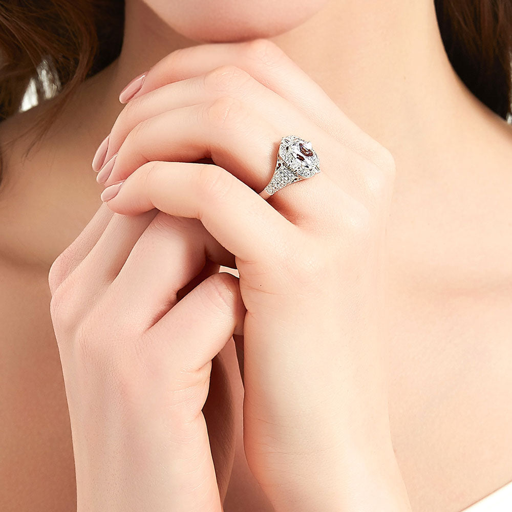 Model wearing Art Deco CZ Statement Ring in Sterling Silver, 6 of 8