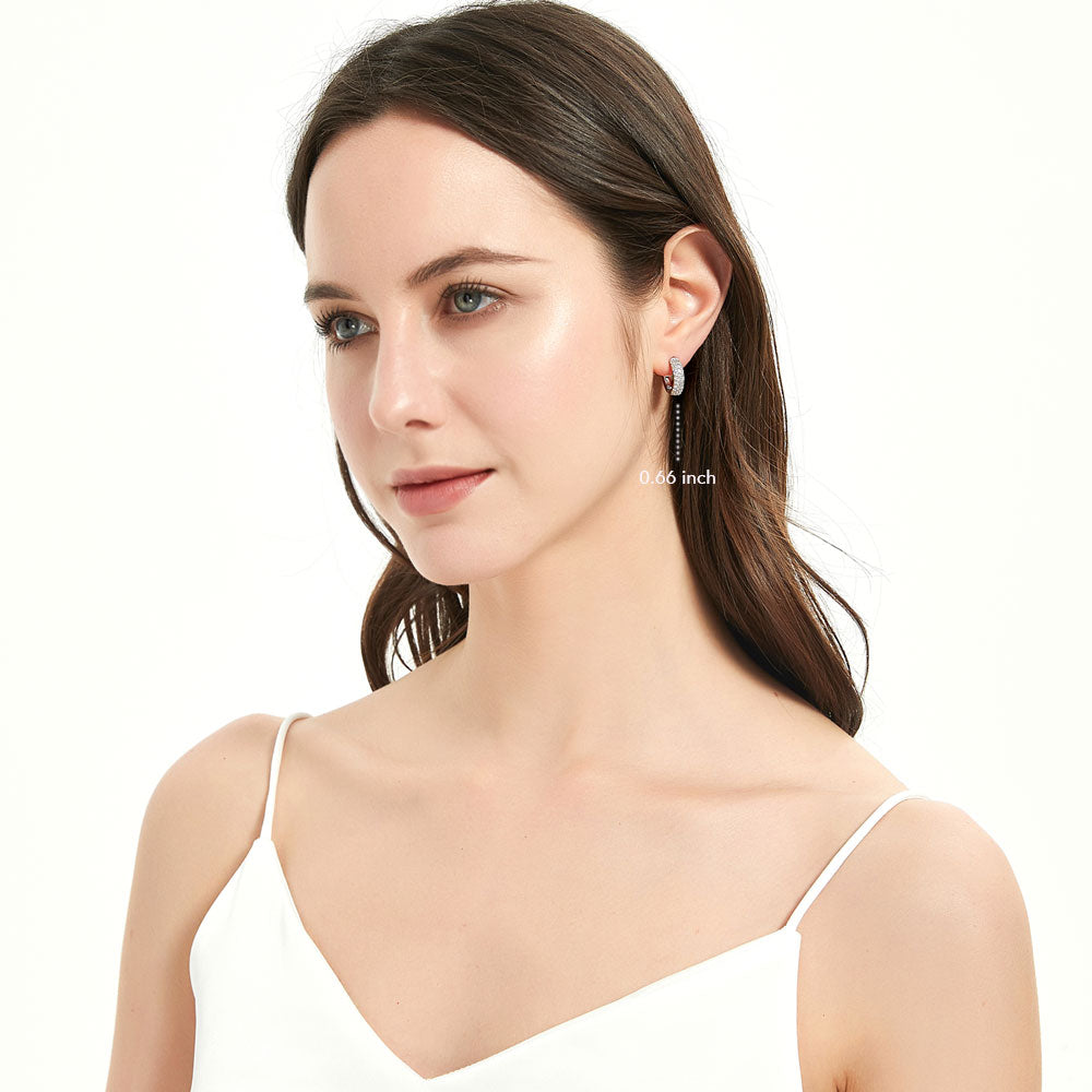 Model wearing Dome CZ Small Hoop Earrings in Sterling Silver, 0.66 inch