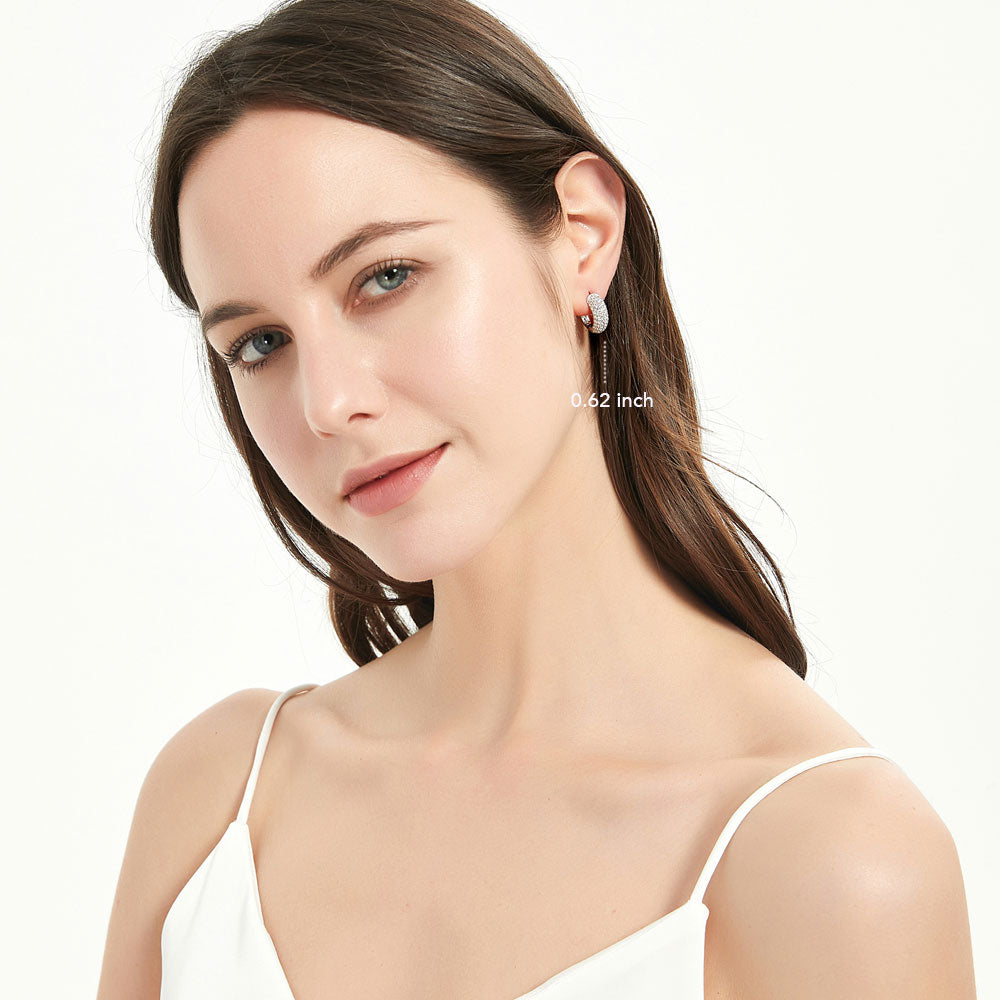 Model wearing Dome CZ Small Hoop Earrings in Sterling Silver, 0.62 inch