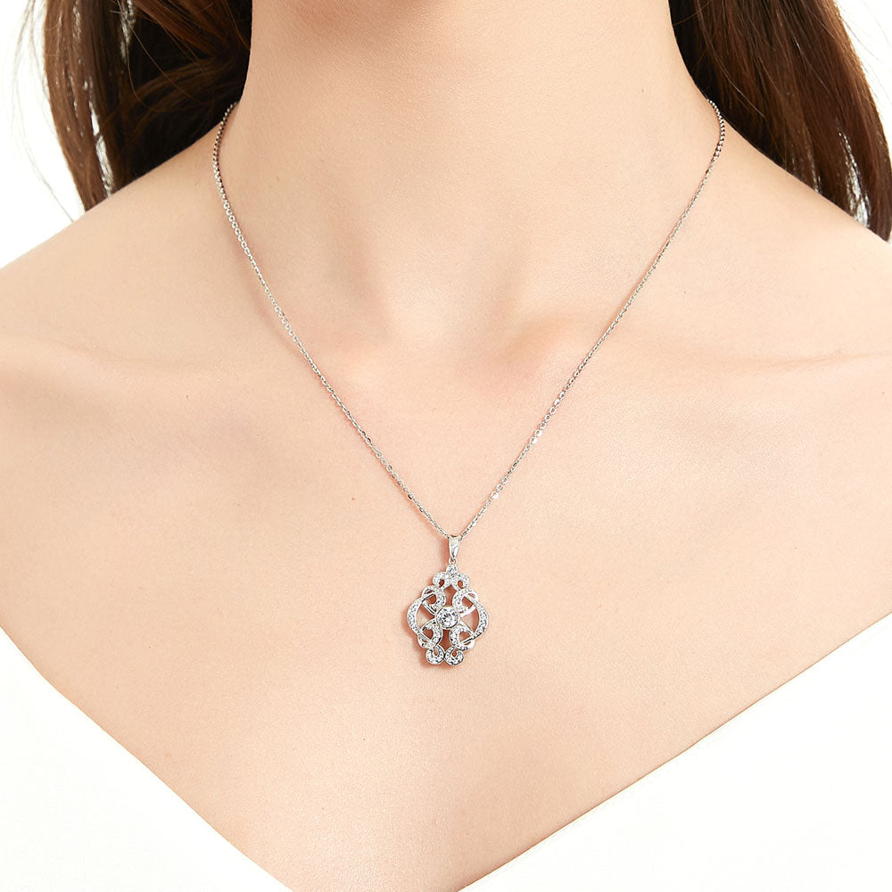Flower Art Deco CZ Necklace and Earrings Set in Sterling Silver