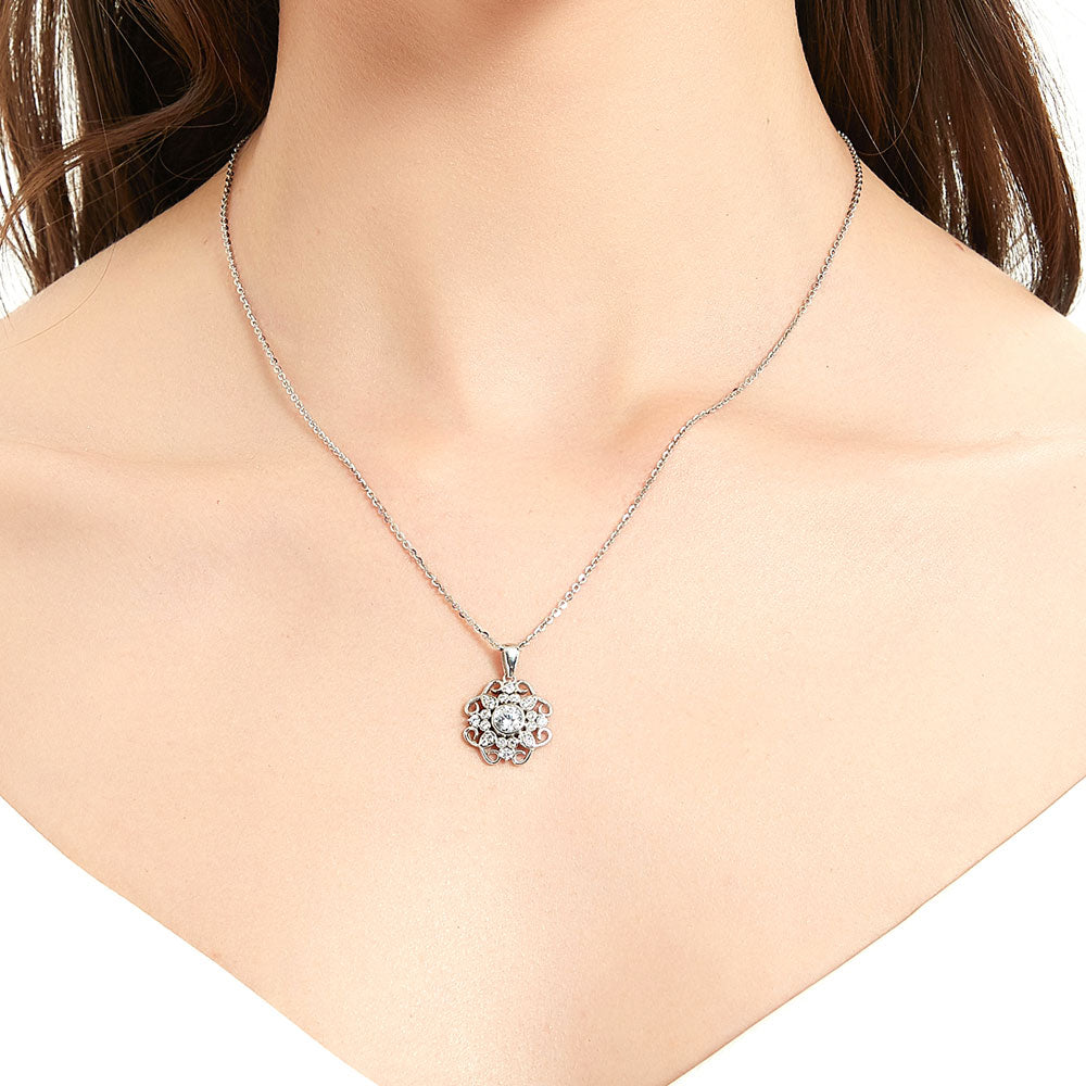 Flower Halo CZ Necklace and Earrings Set in Sterling Silver
