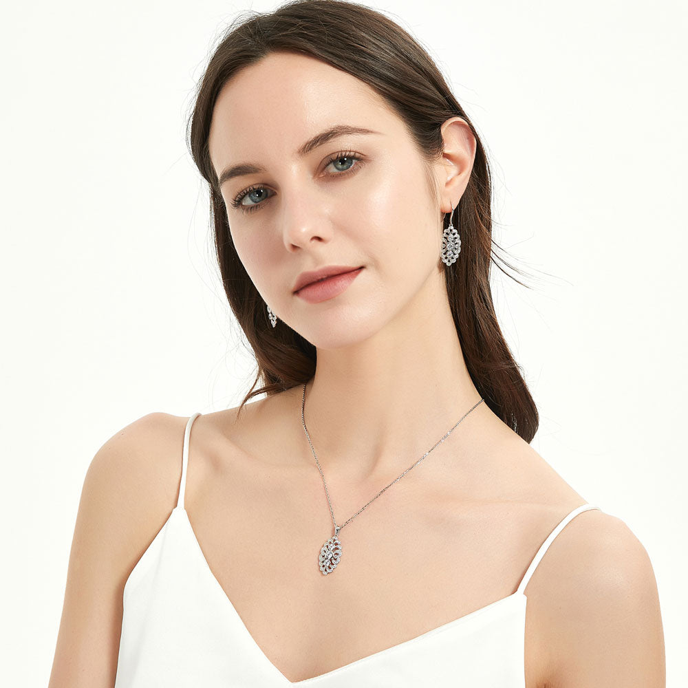Model wearing Navette Art Deco CZ Necklace and Earrings Set in Sterling Silver, 6 of 12