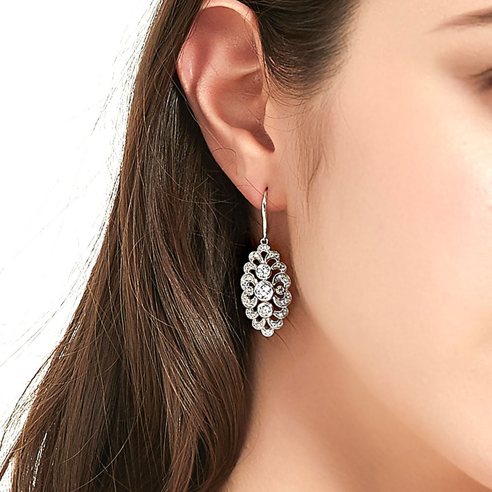 Navette Art Deco CZ Fish Hook Earrings in Sterling Silver