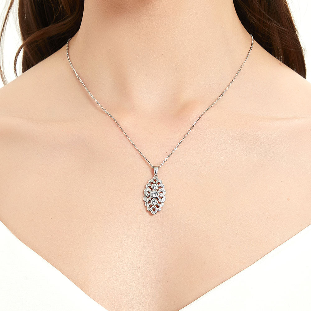 Navette Art Deco CZ Necklace and Earrings Set in Sterling Silver