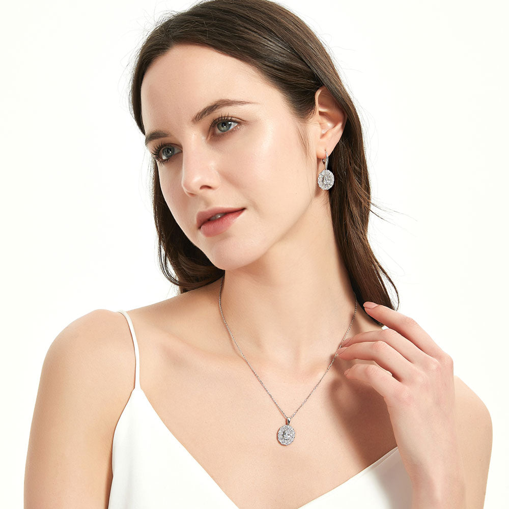 Model wearing Halo Art Deco Oval CZ Necklace and Earrings Set in Sterling Silver, 2 of 9