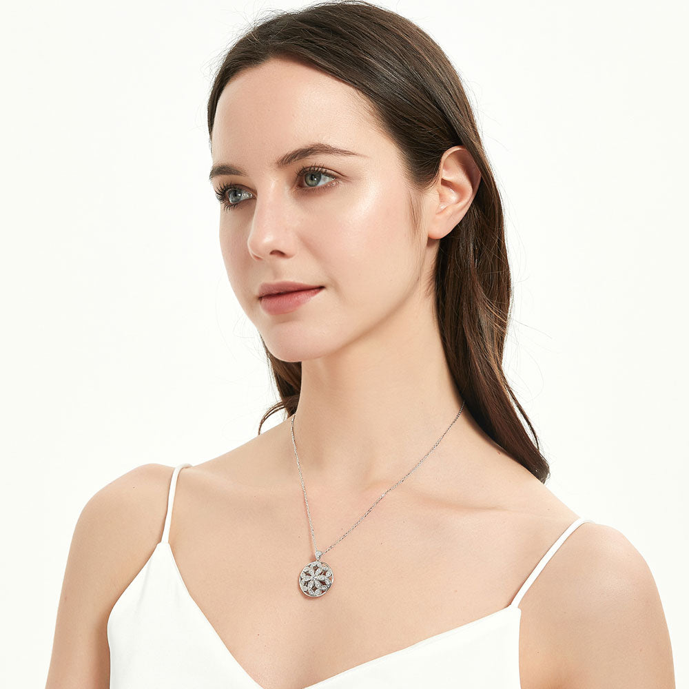 Flower Medallion CZ Pendant Necklace in Sterling Silver
