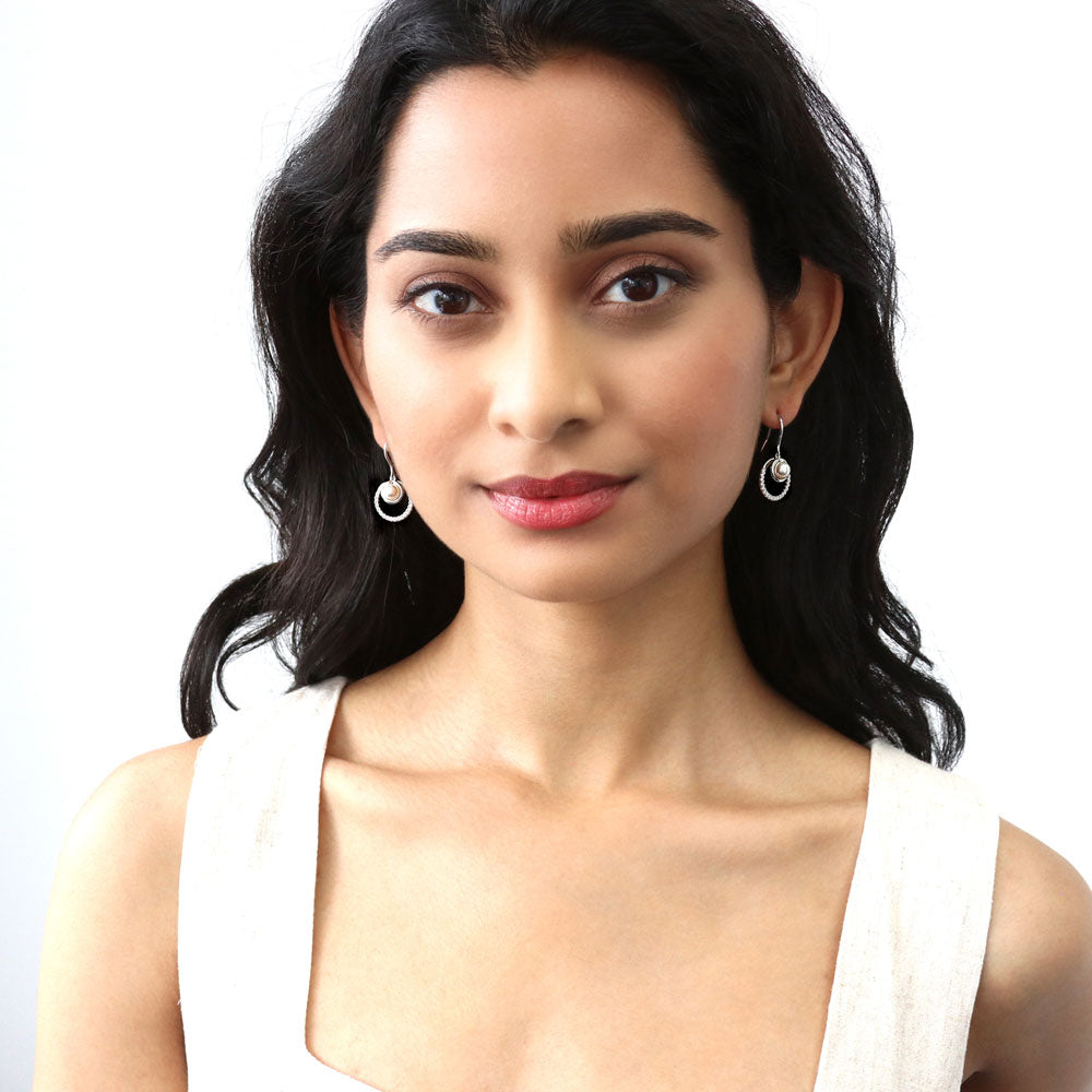 Round Open Circle Imitation Pearl Fish Hook Earrings in Sterling Silver