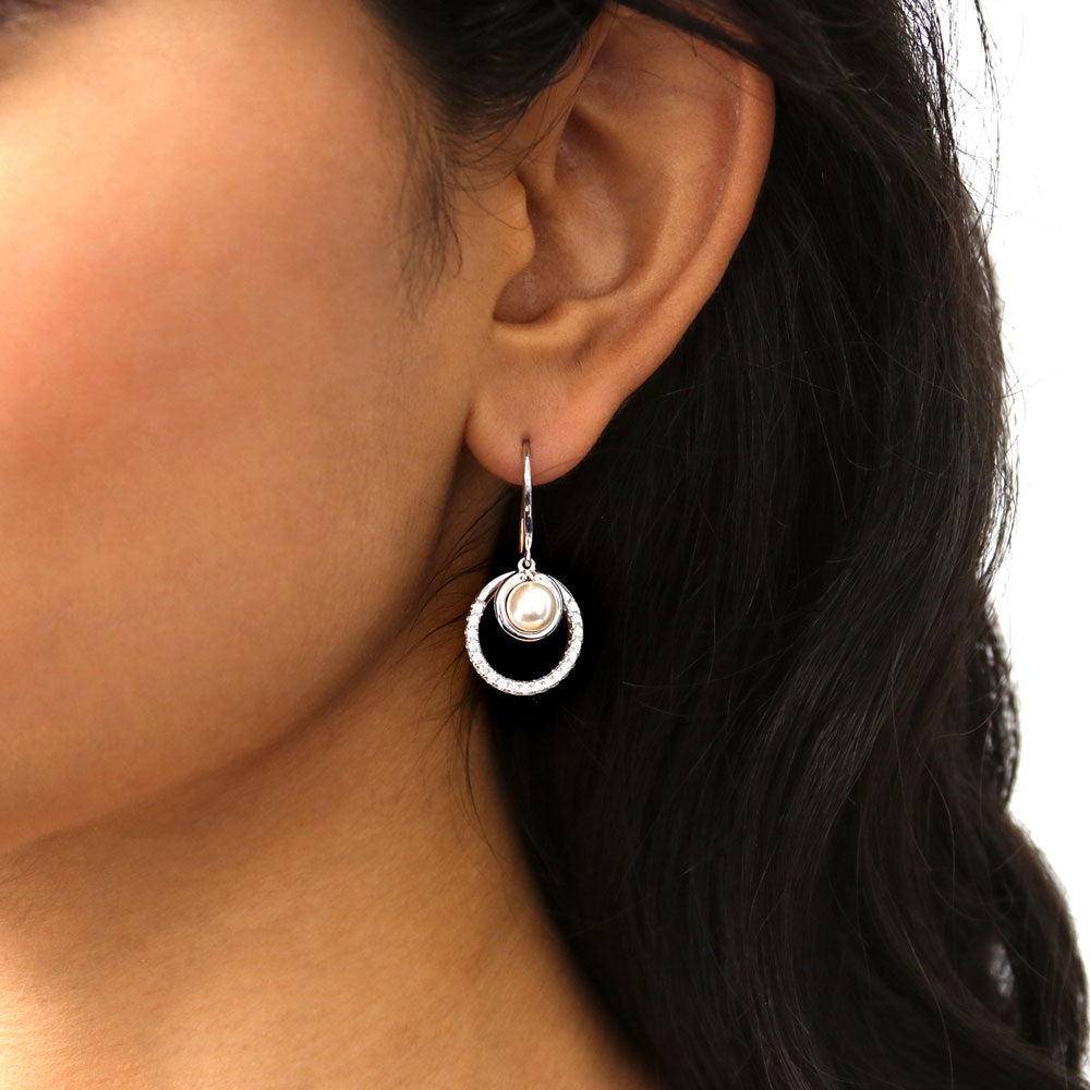 Round Open Circle Imitation Pearl Fish Hook Earrings in Sterling Silver
