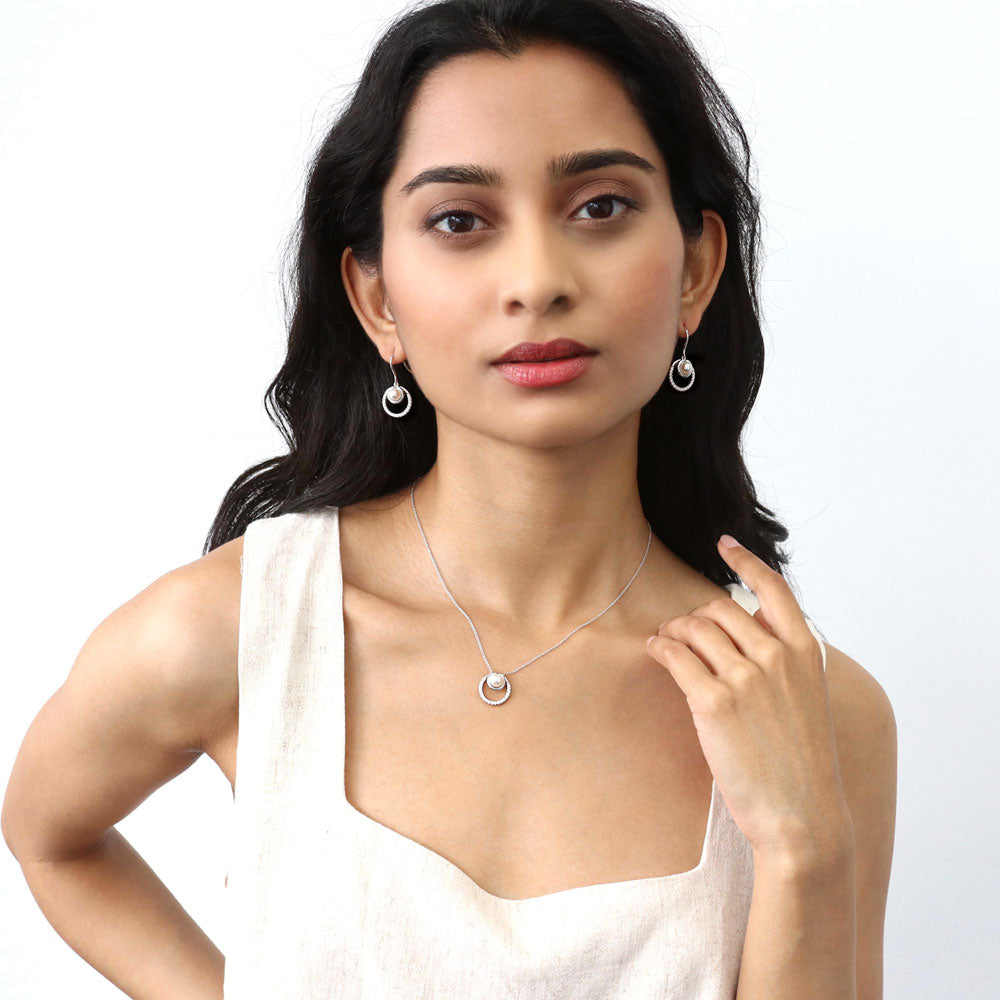 Round Open Circle Imitation Pearl Fish Hook Earrings in Sterling Silver