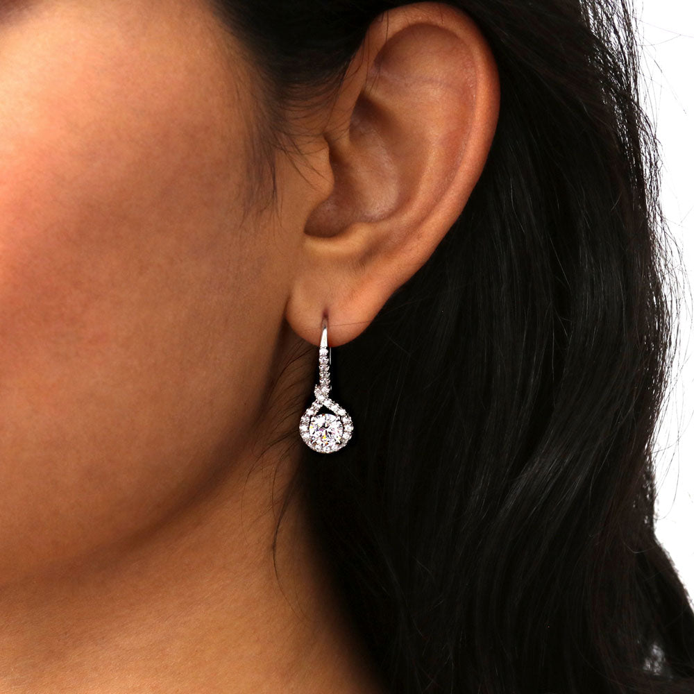 Halo Woven Round CZ Leverback Dangle Earrings in Sterling Silver