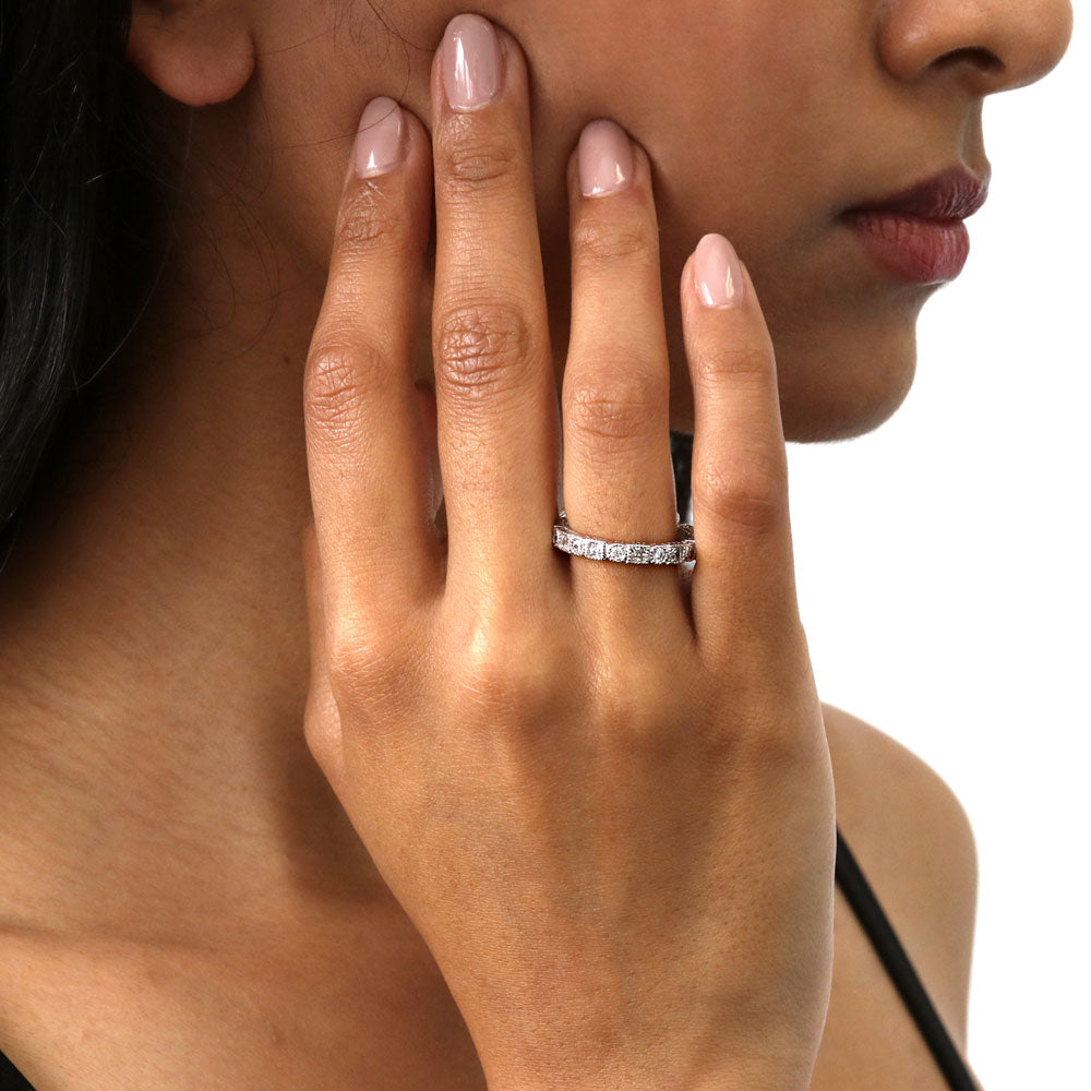 Art Deco Milgrain Bezel Set CZ Eternity Ring in Sterling Silver