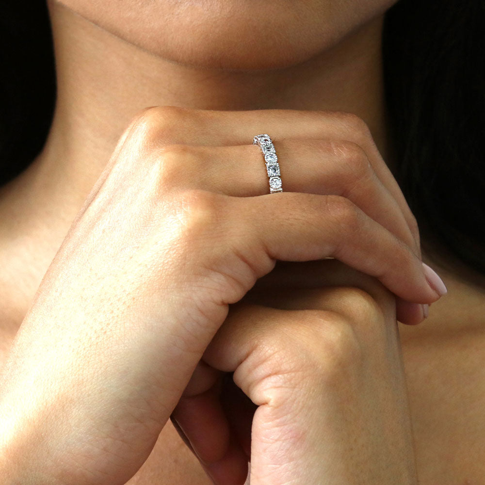 Art Deco Milgrain Bezel Set CZ Eternity Ring in Sterling Silver
