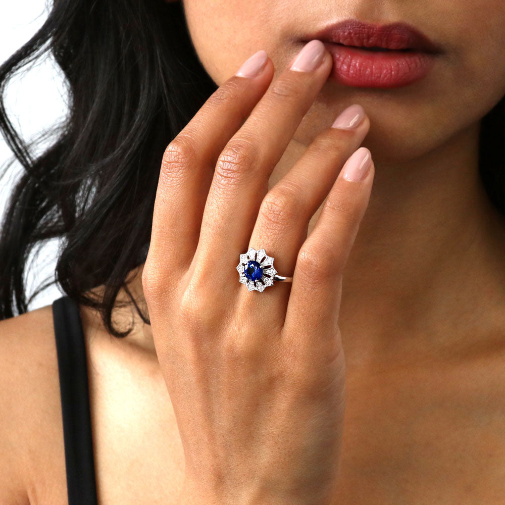 Flower Halo Blue CZ Ring in Sterling Silver