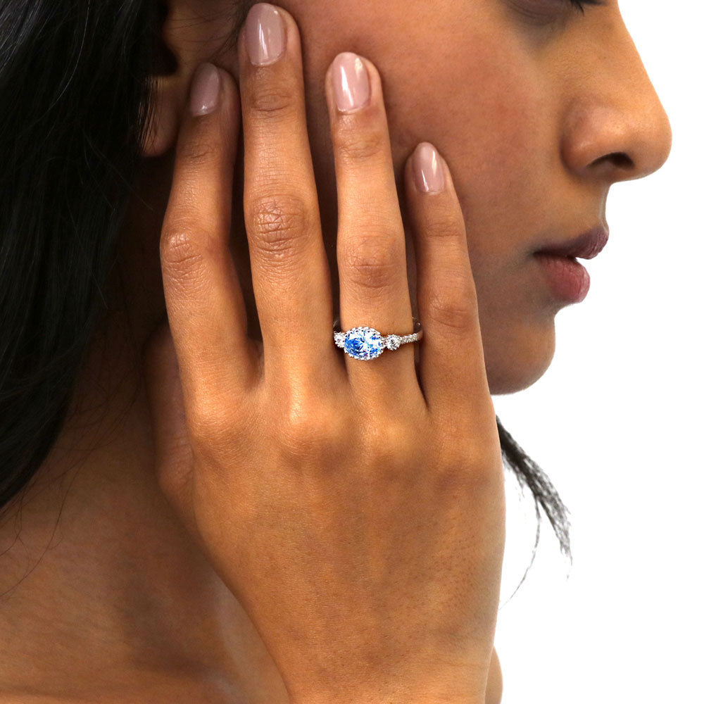 3-Stone Greyish Blue Oval CZ Ring in Sterling Silver