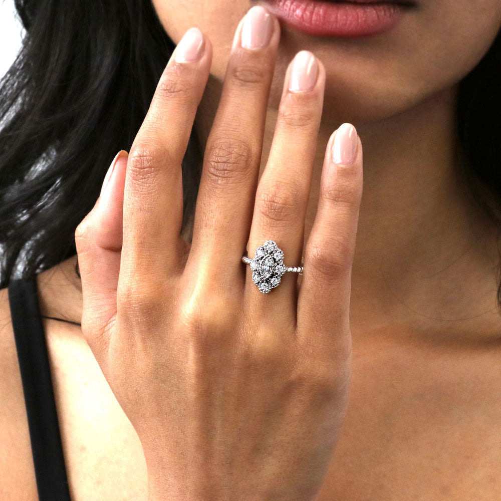 Model wearing Halo Navette Marquise CZ Ring in Sterling Silver, 3 of 8