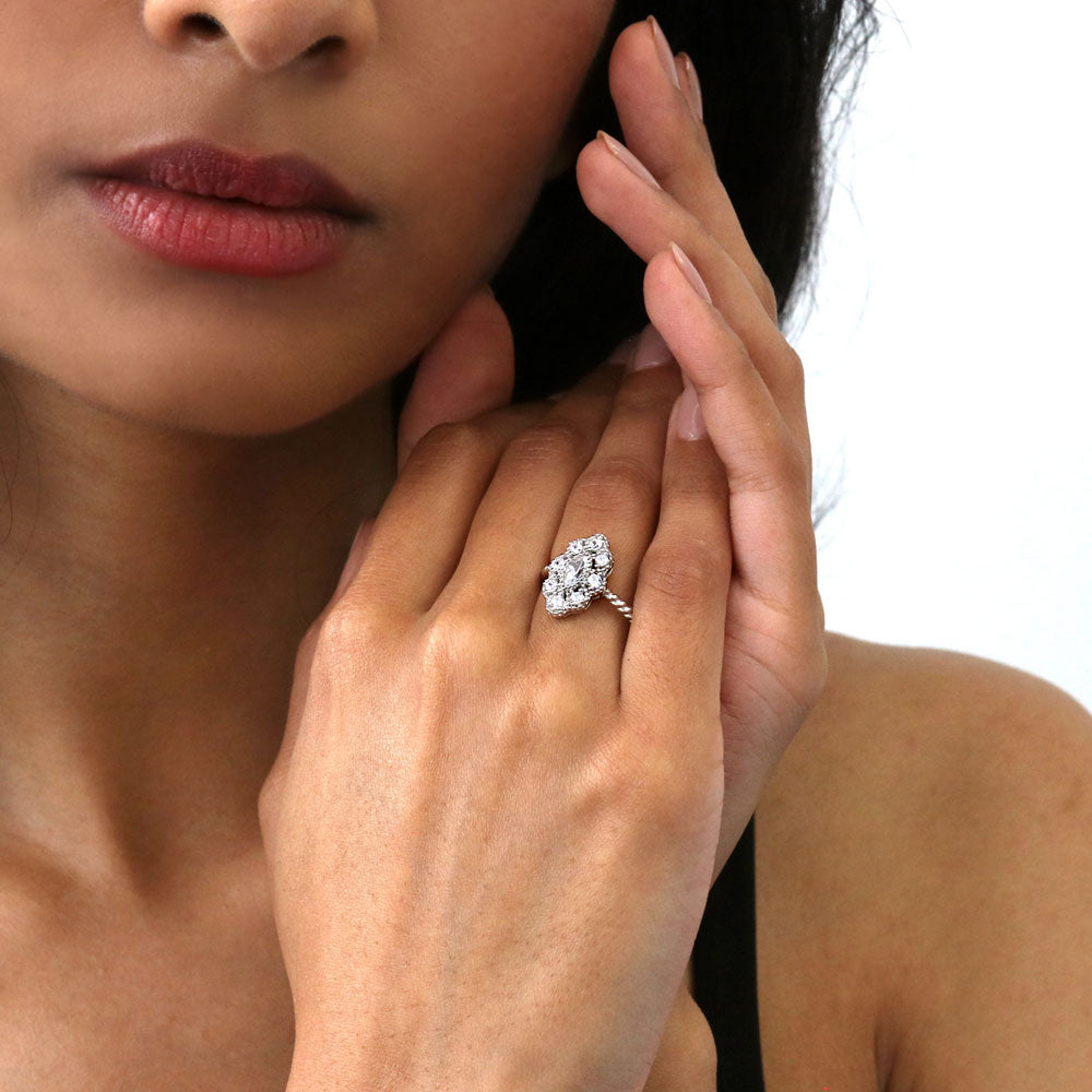 Model wearing Halo Navette Marquise CZ Ring in Sterling Silver, 2 of 8