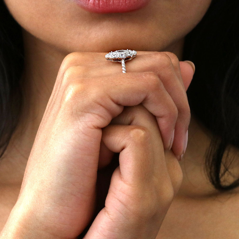 Model wearing Halo Navette Marquise CZ Ring in Sterling Silver, 7 of 8