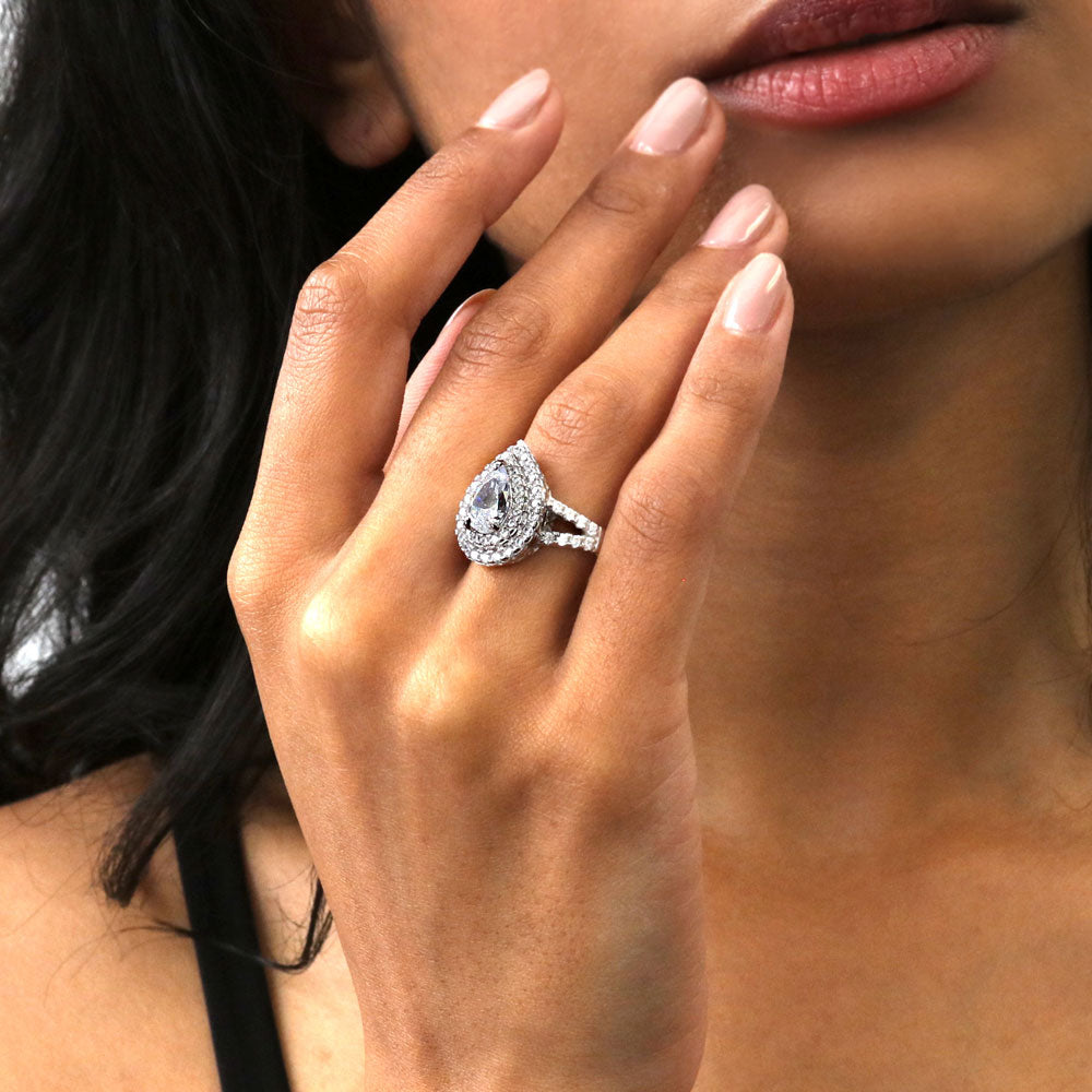 Halo Pear CZ Statement Split Shank Ring in Sterling Silver