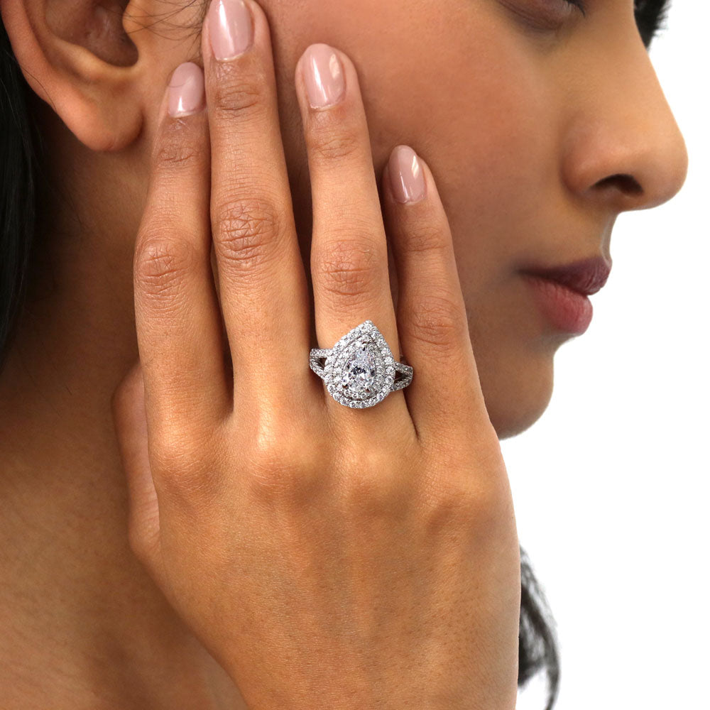 Halo Pear CZ Statement Split Shank Ring in Sterling Silver