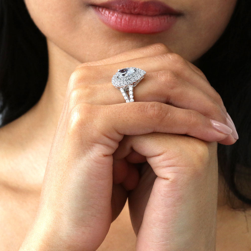 Halo Pear CZ Statement Split Shank Ring in Sterling Silver