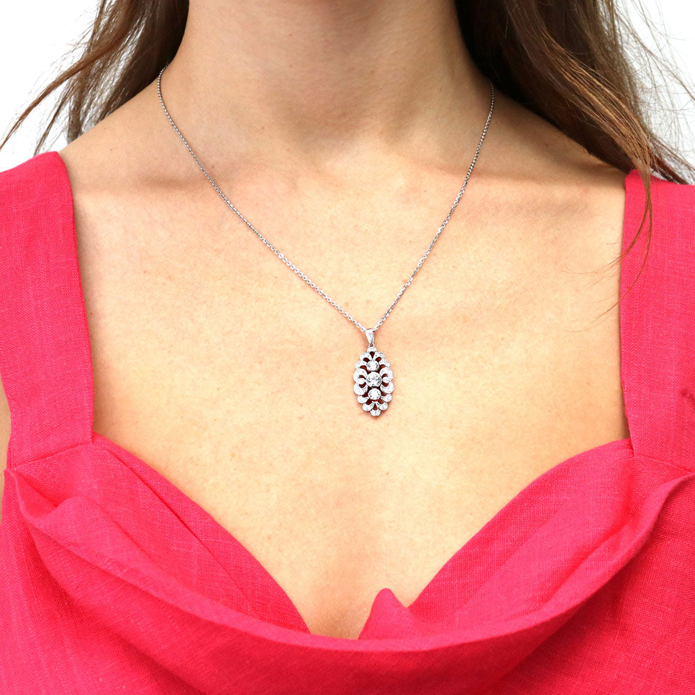 Navette Art Deco CZ Pendant Necklace in Sterling Silver