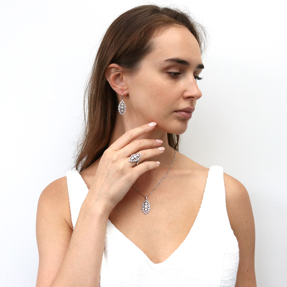 Model wearing Navette Art Deco CZ Statement Ring in Sterling Silver, 9 of 9