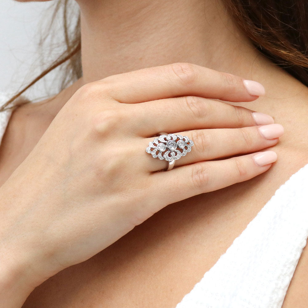 Model wearing Navette Art Deco CZ Statement Ring in Sterling Silver, 6 of 9