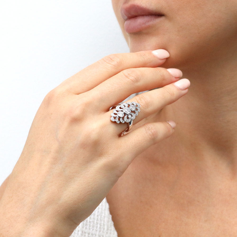 Model wearing Navette Art Deco CZ Statement Ring in Sterling Silver, 2 of 9