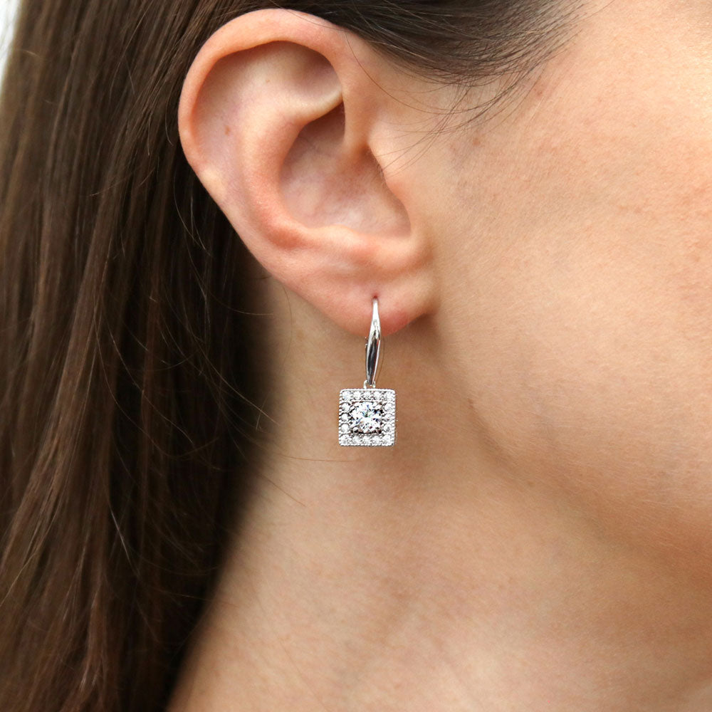 Halo Round CZ Leverback Dangle Earrings in Sterling Silver