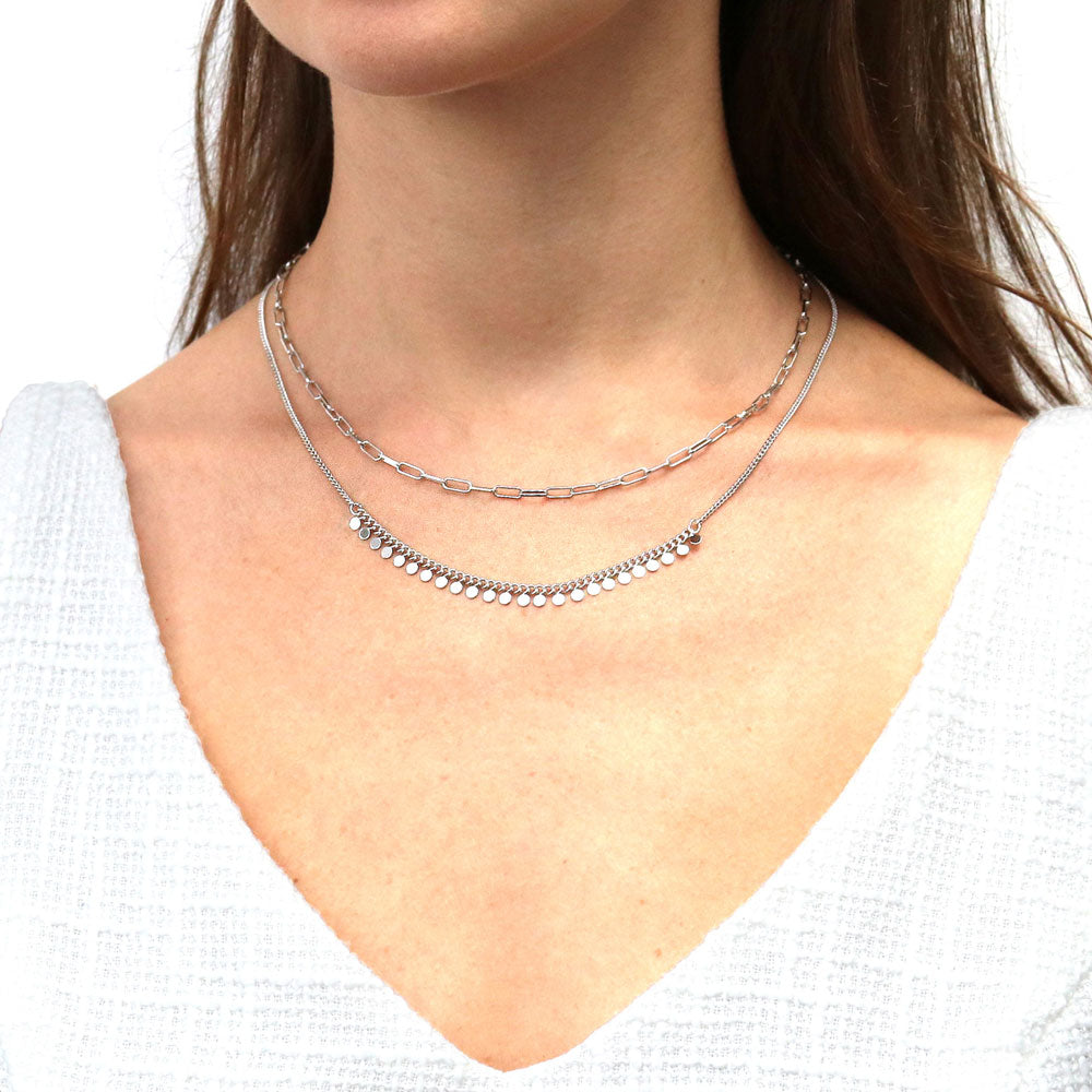 Model wearing Paperclip Disc Chain Necklace in Silver-Tone, 2 Piece, 2 of 14